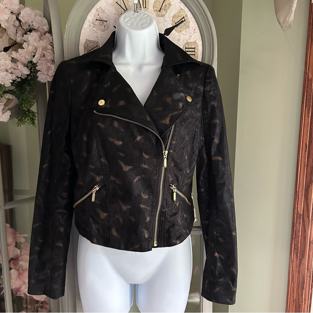 Women’s Rock & Republic Black Moto Faux Leather Shimmer Full Zip Jacket Size XS